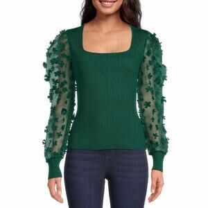 No Boundaries Green Square Neck Top Long Puff Sleeves floral appliqué Junior XXL